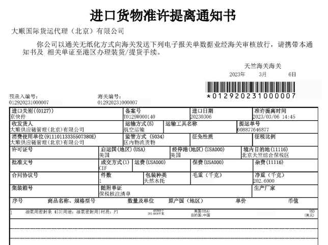 進口貨物(wù)準許提離通知書(樣例)